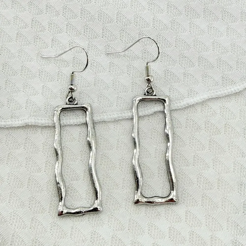 Silver Abstract Rectangle Dangle Earrings Modern Minimalist Drop